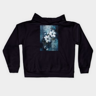 Luminous Petals: White Flowers and Blue Hues Kids Hoodie